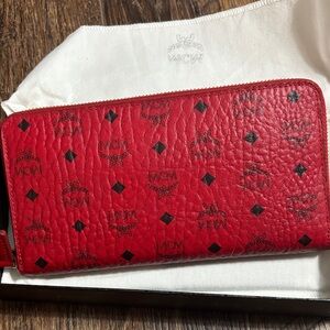 MCM Scarlet Leather Zip Wallet